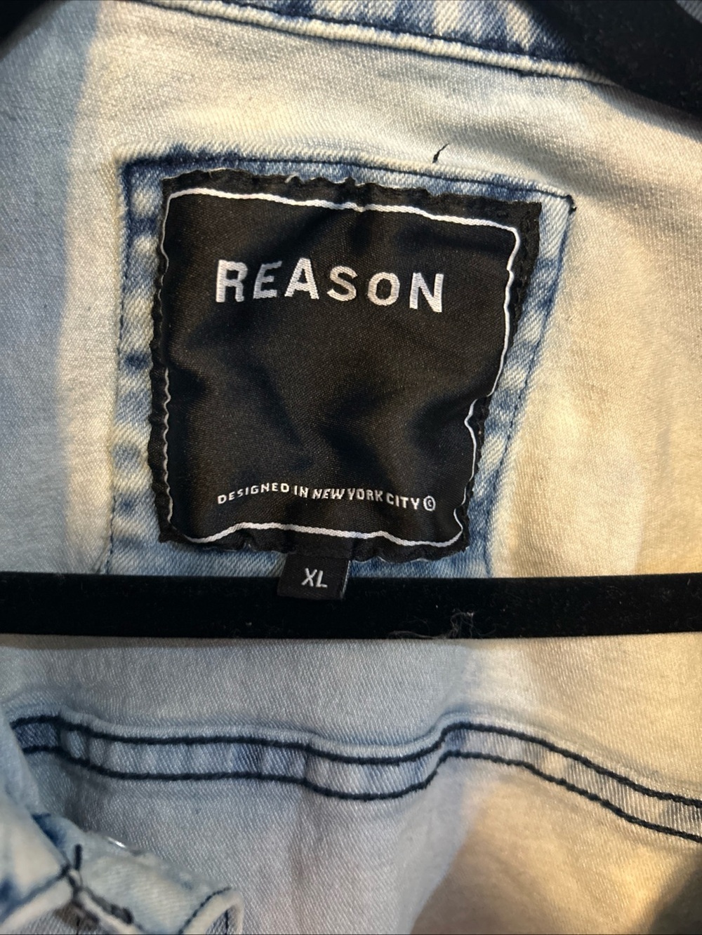 REASON Light Wash Denim Jacket with Multicolor Patches - Picture 3 of 10